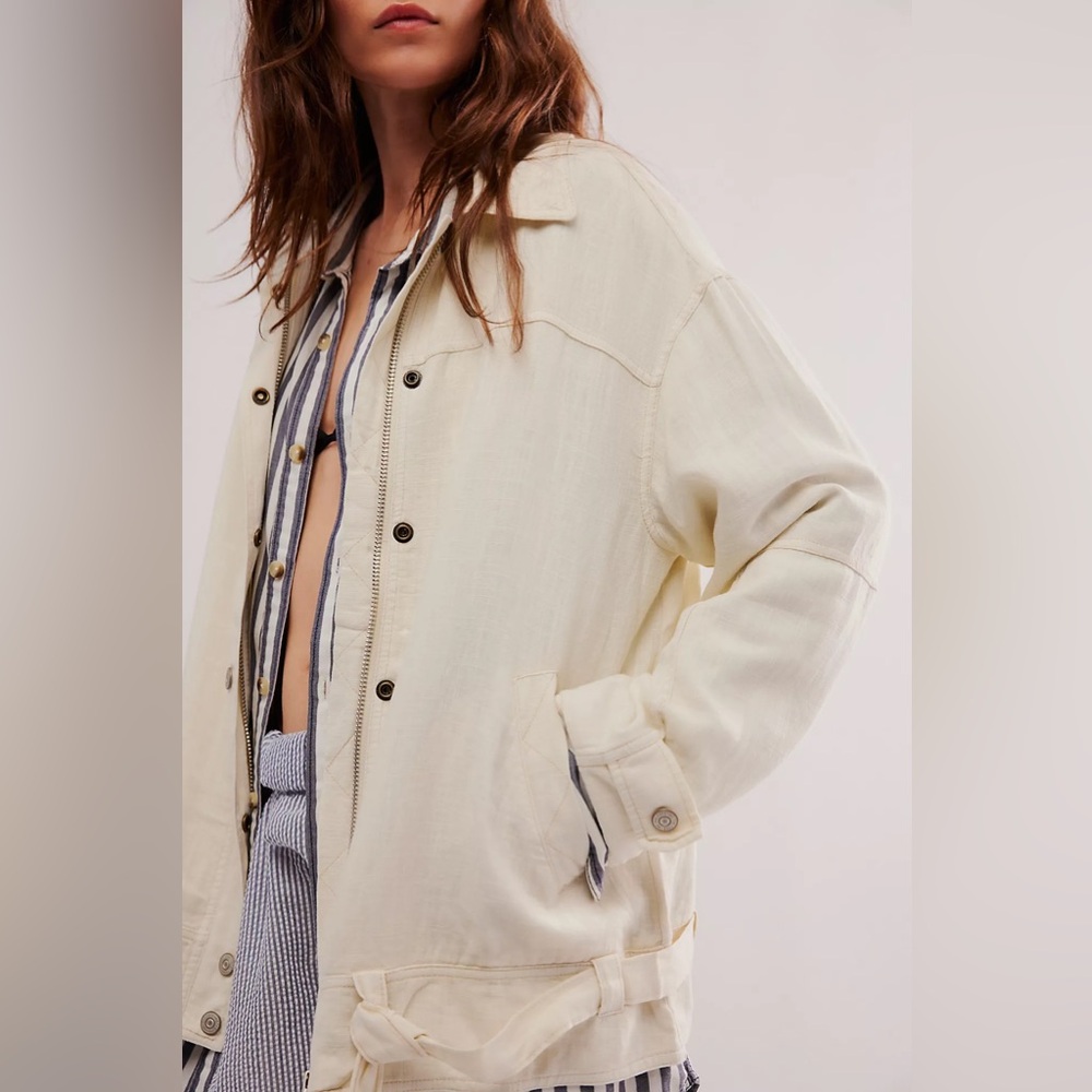 We The Free Lola Linen Jacket Medium Yellow Green Lagenlook Slouchy Oversized